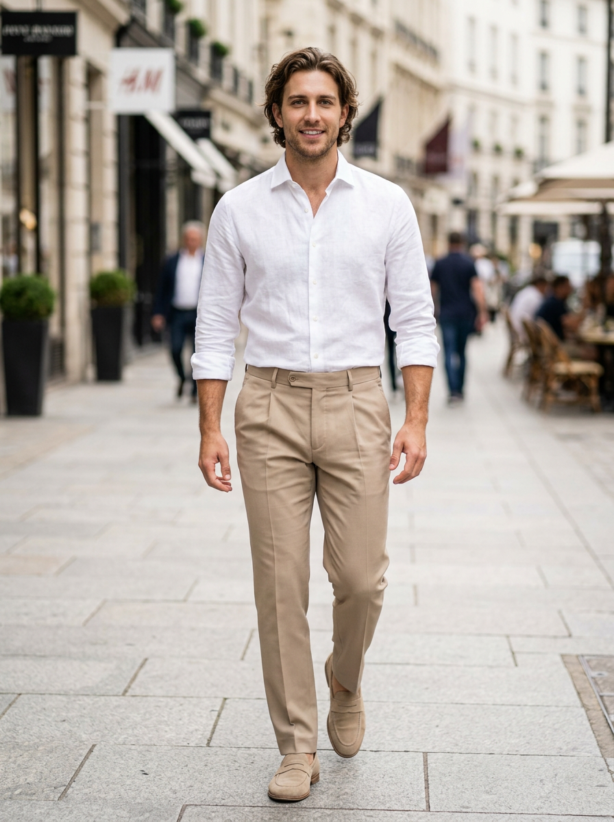 Men's Tailored Pleated Smart Trousers in Beige – lifestyle shot