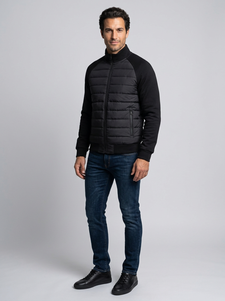 Men's Quilted Stand Collar Puffer Jacket in Black – three-quarter view