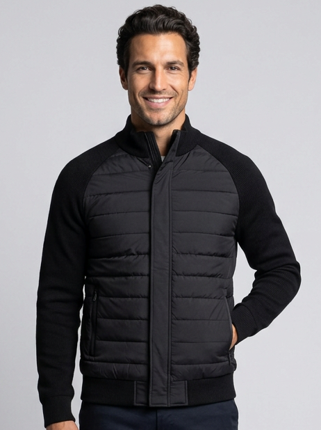 Men's Quilted Stand Collar Puffer Jacket in Black – front view
