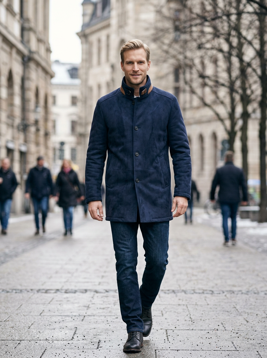 Men's Faux Suede Stand Collar Coat in Navy – lifestyle shot
