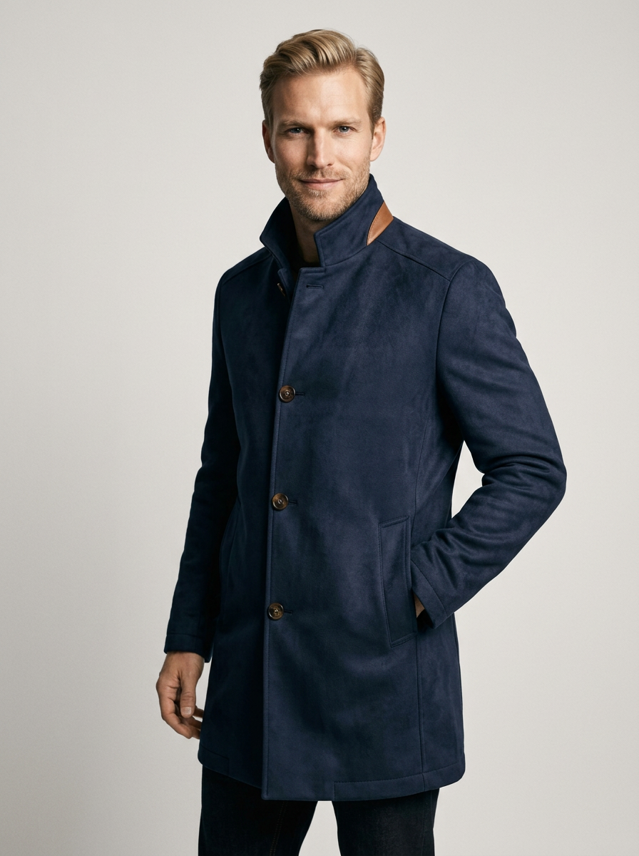 Men's Faux Suede Stand Collar Coat in Navy – three-quarter view