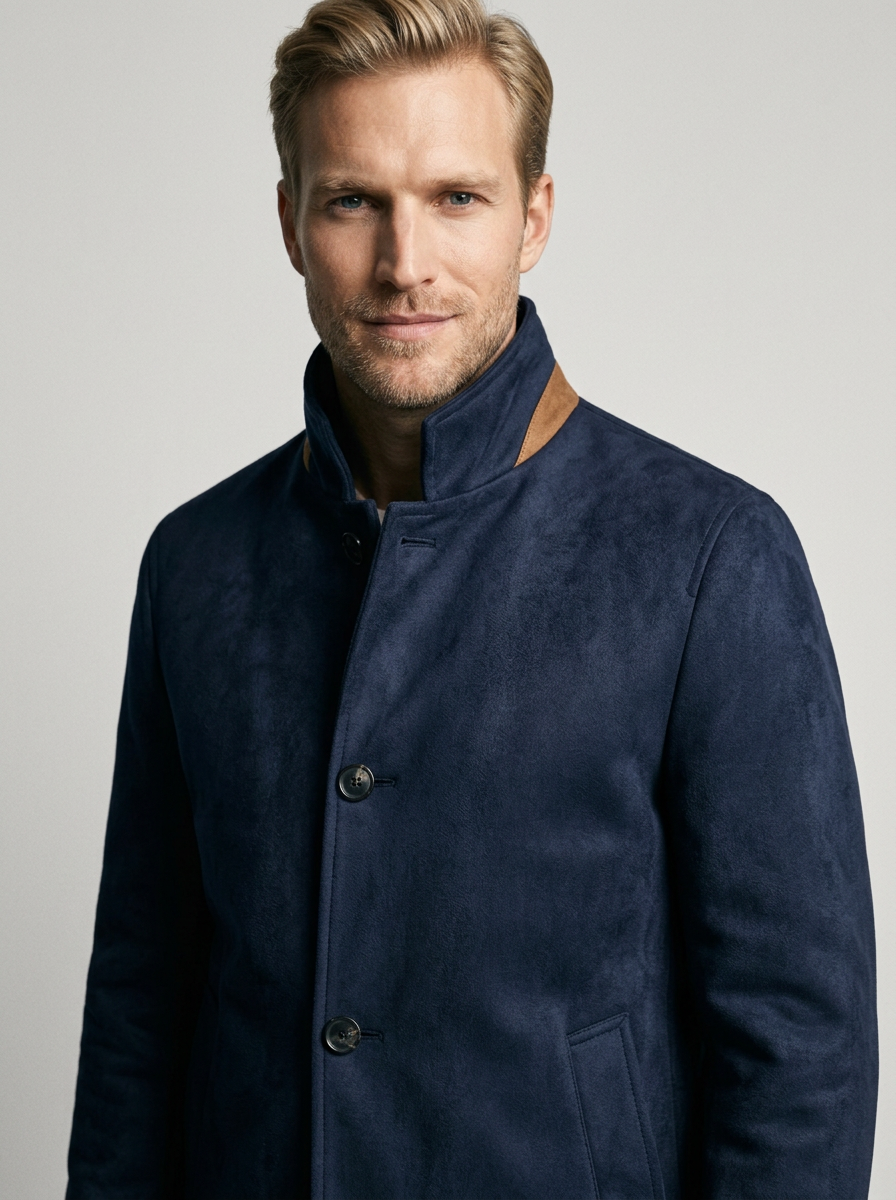 Men's Faux Suede Stand Collar Coat in Navy – detail view