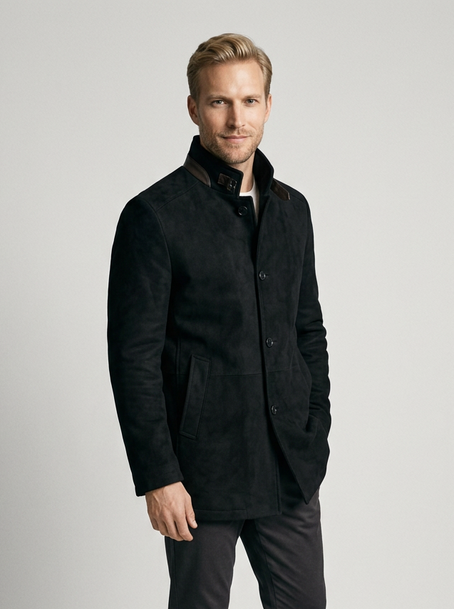 Men's Faux Suede Stand Collar Coat in Black