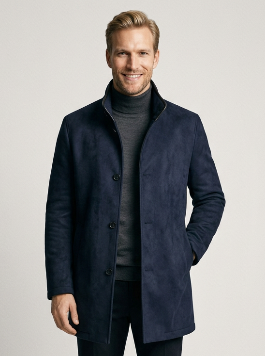 Men's Faux Suede Stand Collar Coat in Navy – front view