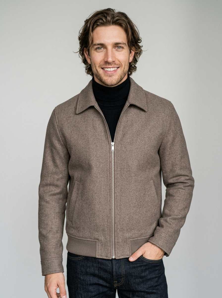 Men's Tailored Wool Blend Zip Jacket in Taupe Brown