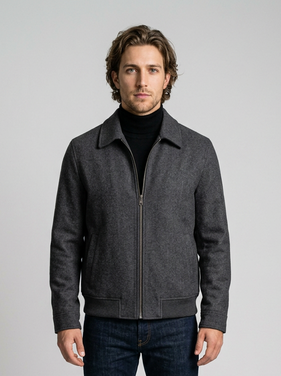 Men's Tailored Wool Blend Zip Jacket in Charcoal Gray