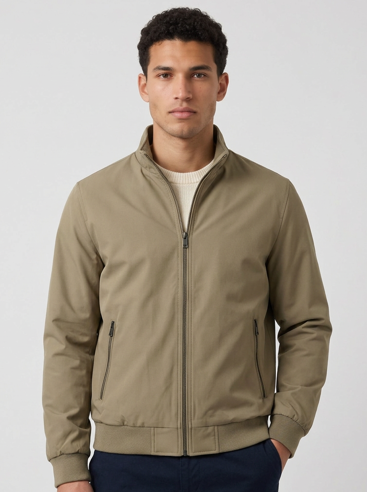 Men's Stand Collar Bomber Jacket in Khaki – front view
