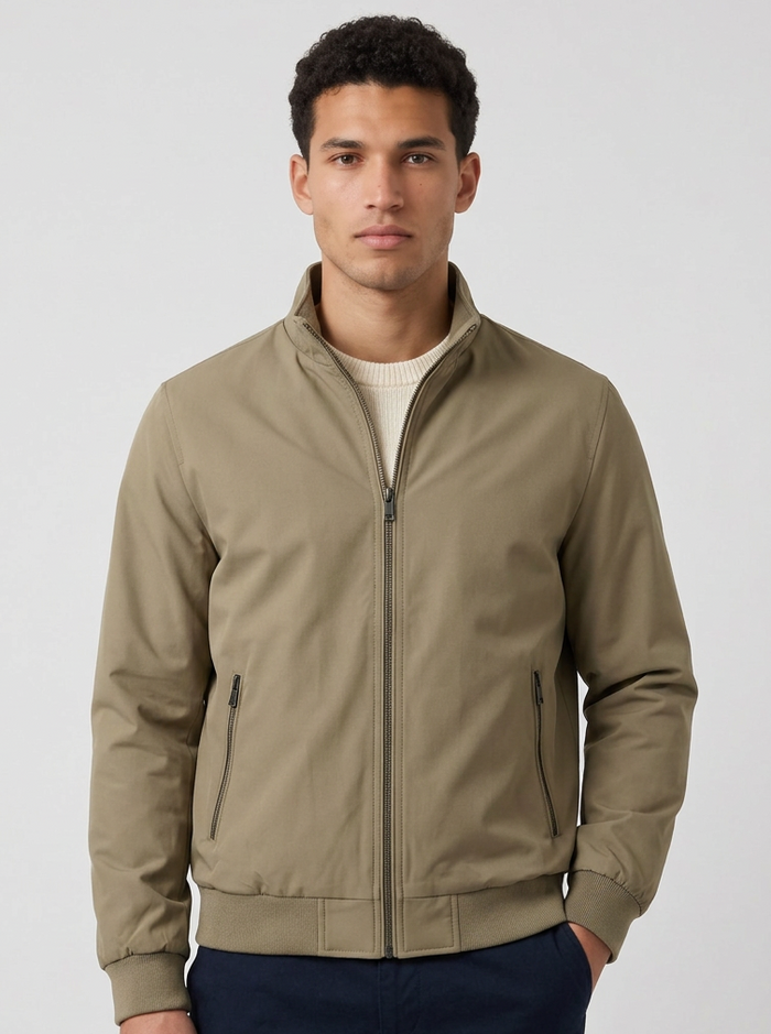 Men's Stand Collar Bomber Jacket in Khaki – front view