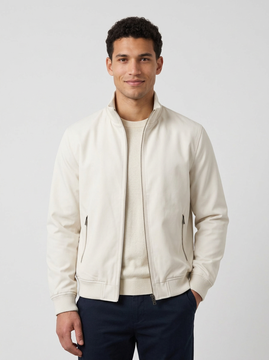Men's Stand Collar Bomber Jacket in Off White