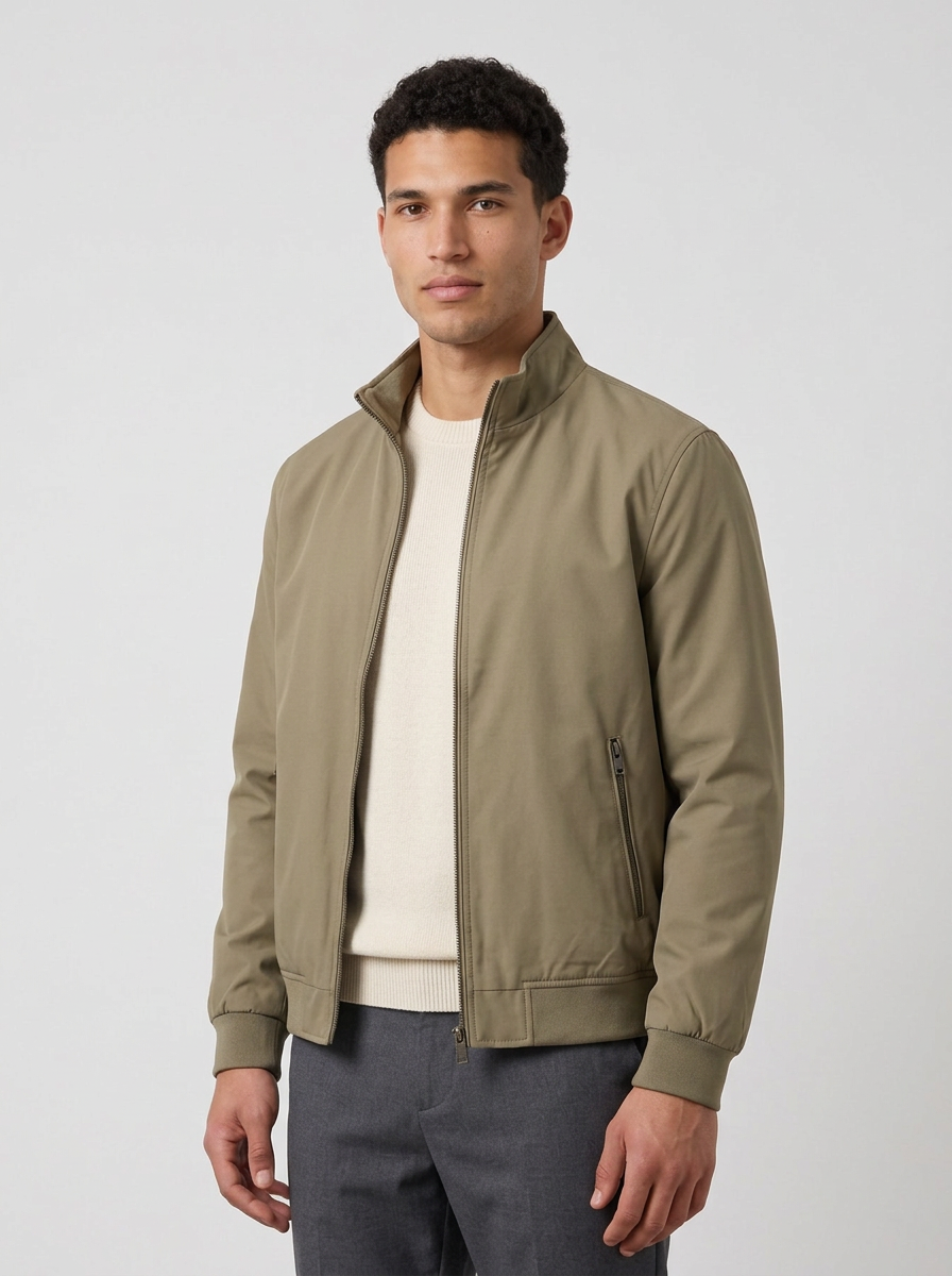 Men's Stand Collar Bomber Jacket in Khaki – three-quarter view