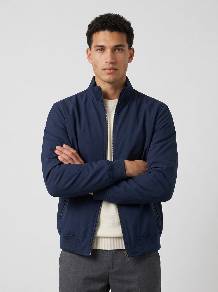 Men's Stand Collar Bomber Jacket in Navy Blue