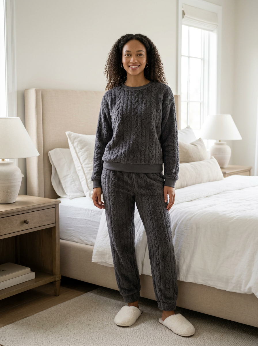 Women's Cosy Cable Knit Fleece Pyjamas – view 4