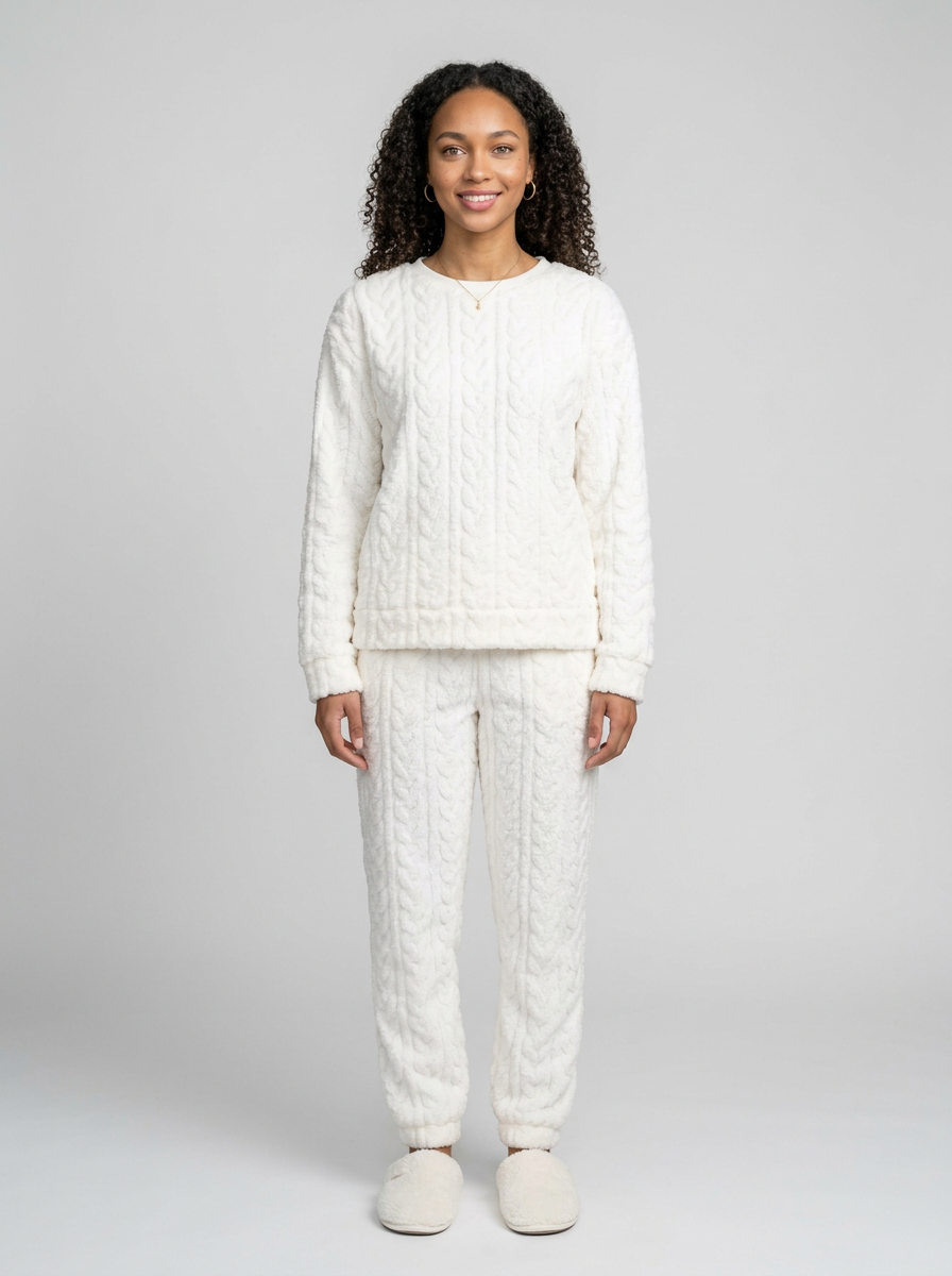 Women's Cosy Cable Knit Fleece Pyjamas in White