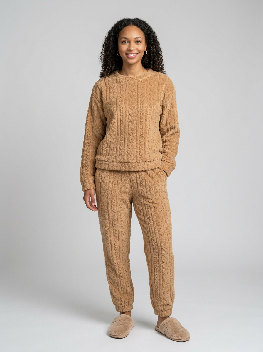 Women's Cosy Cable Knit Fleece Pyjamas in Camel Tan