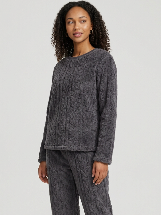 Women's Cosy Cable Knit Fleece Pyjamas in Charcoal Grey