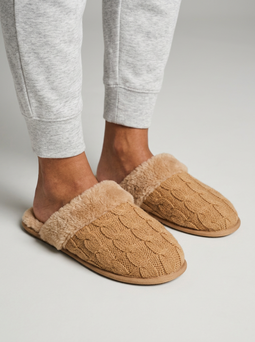 Women's Fluffy Cable Knit Fleece Slippers in Camel Tan