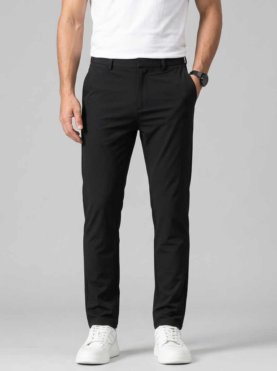 Men's Slim Fit Stretch Straight Leg Trousers in Black – front view