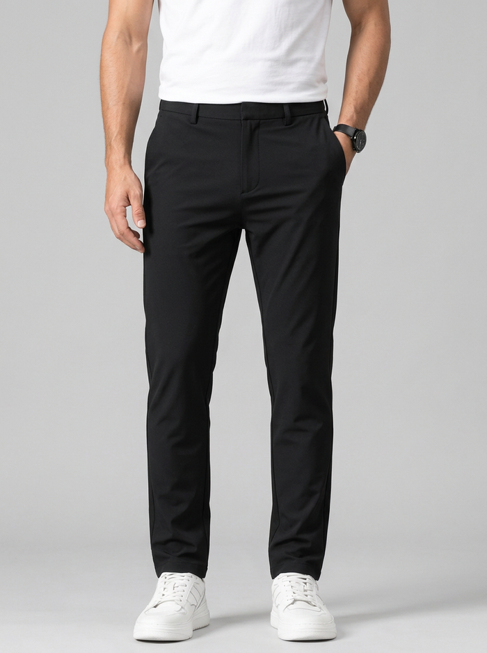 Men's Slim Fit Stretch Straight Leg Trousers in Black – front view