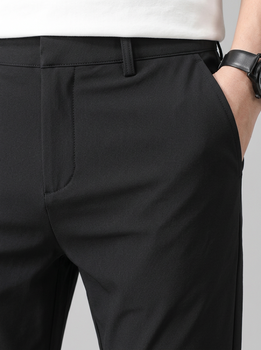 Men's Slim Fit Stretch Straight Leg Trousers in Black – detail view