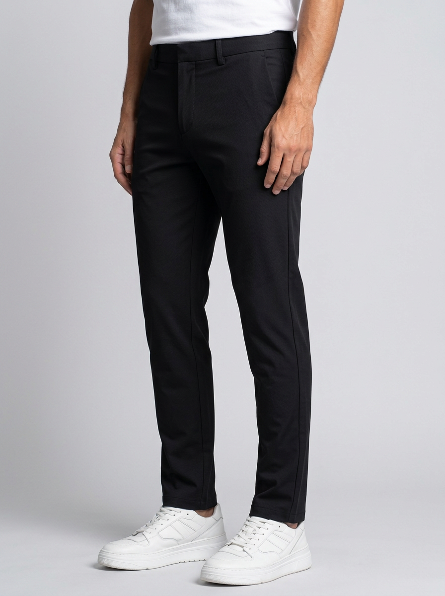 Men's Slim Fit Stretch Straight Leg Trousers in Black – three-quarter view