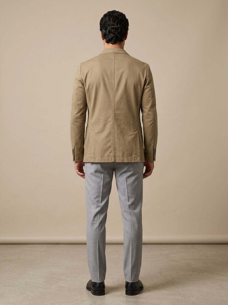 Men's Washed Denim Blazer in Khaki – back view