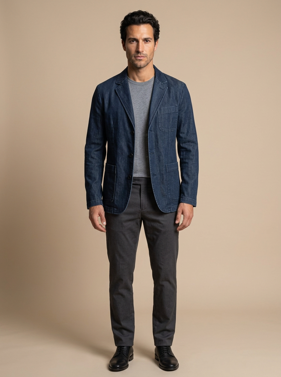 Men's Washed Denim Blazer in Dark Denim