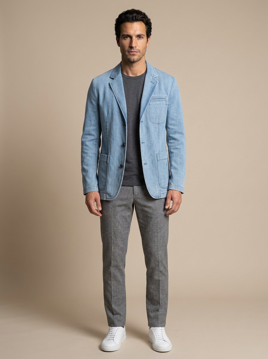 Men's Washed Denim Blazer in Light Denim