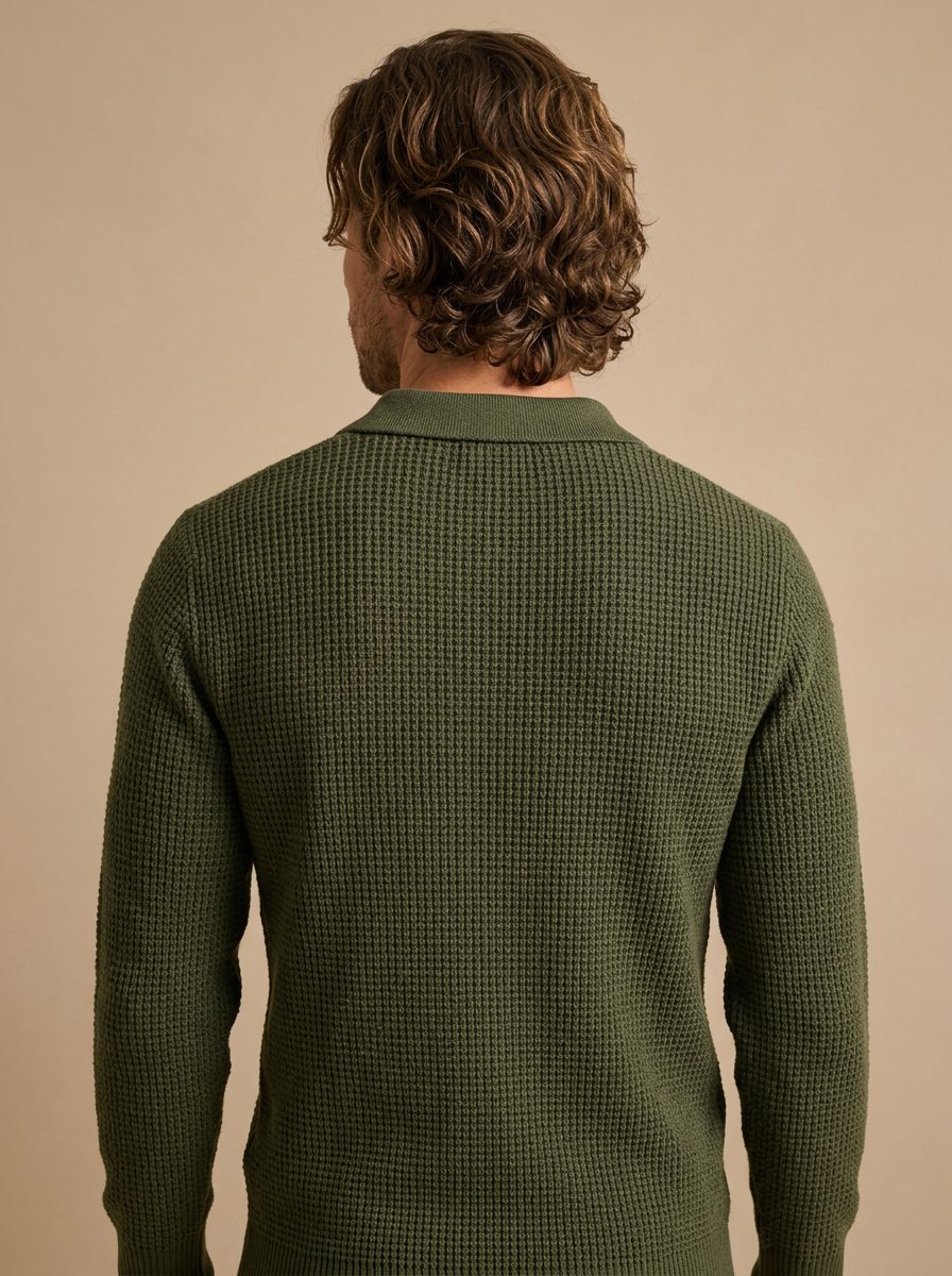 Men's Slim Fit Lapel Collar Knit Jumper in Green – back view