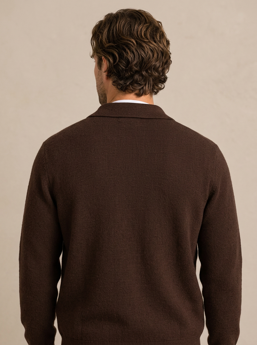 Men's Collared Zip Up Knit Cardigan in Brown – back view