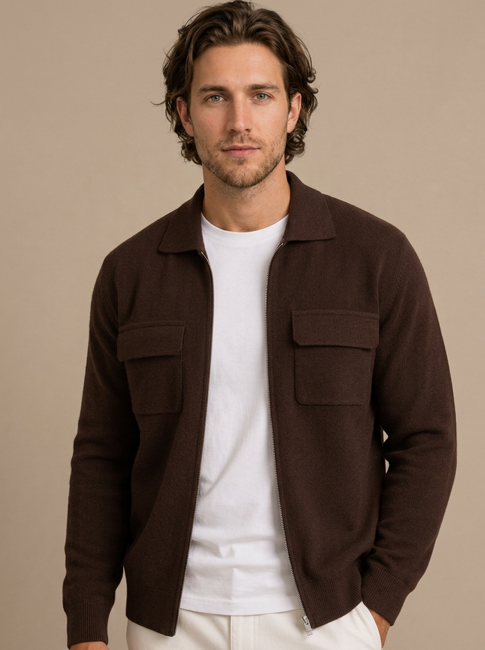 Men's Collared Zip Up Knit Cardigan in Brown – three-quarter view