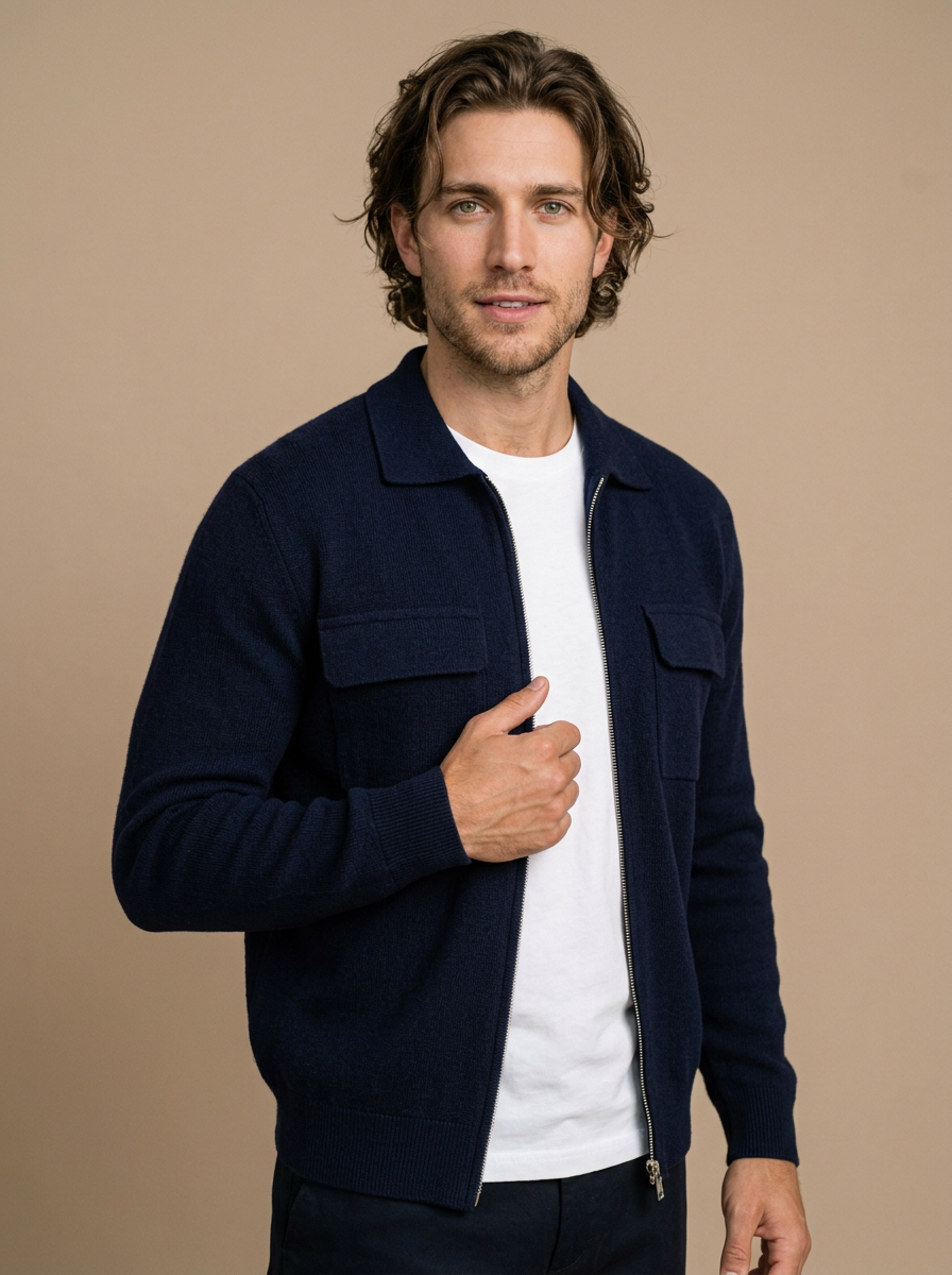 Men's Collared Zip Up Knit Cardigan in Navy