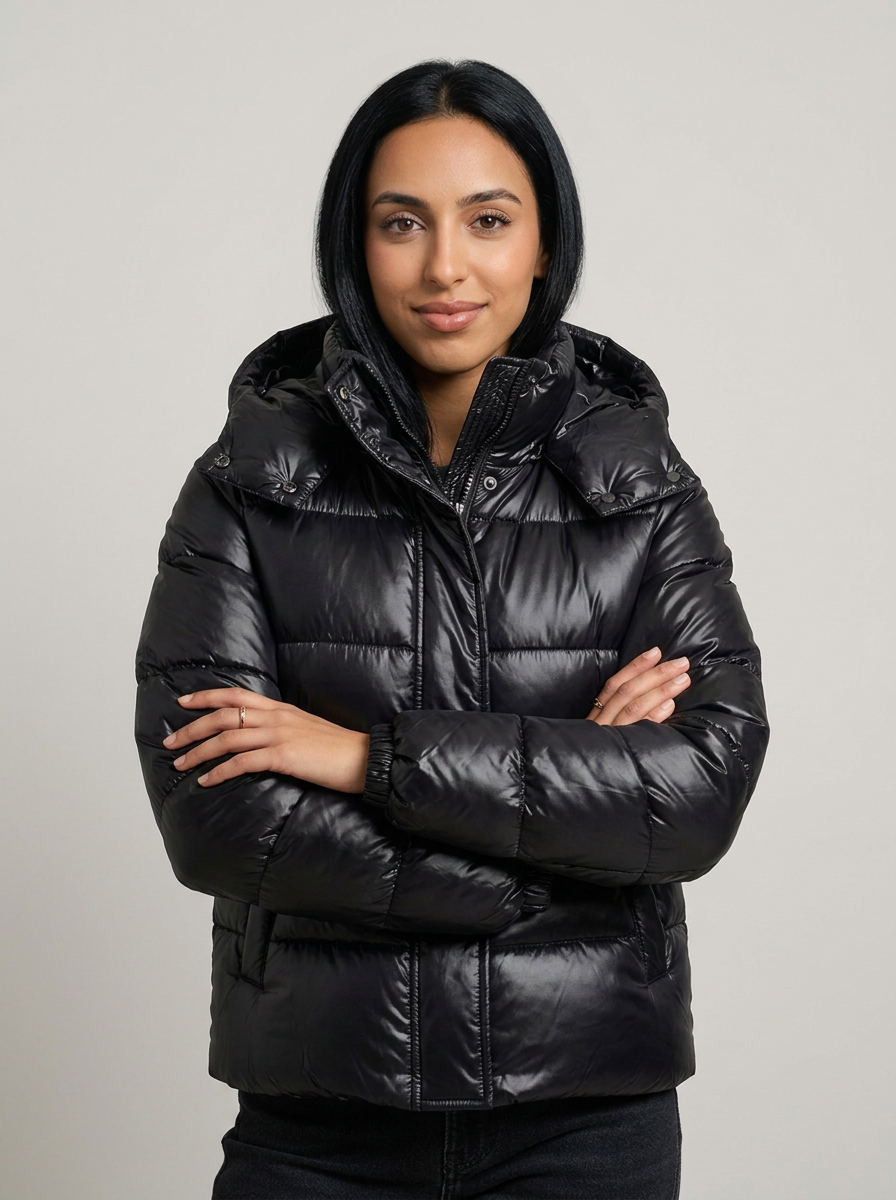 Women's Hooded Puffer Jacket in Black – front view