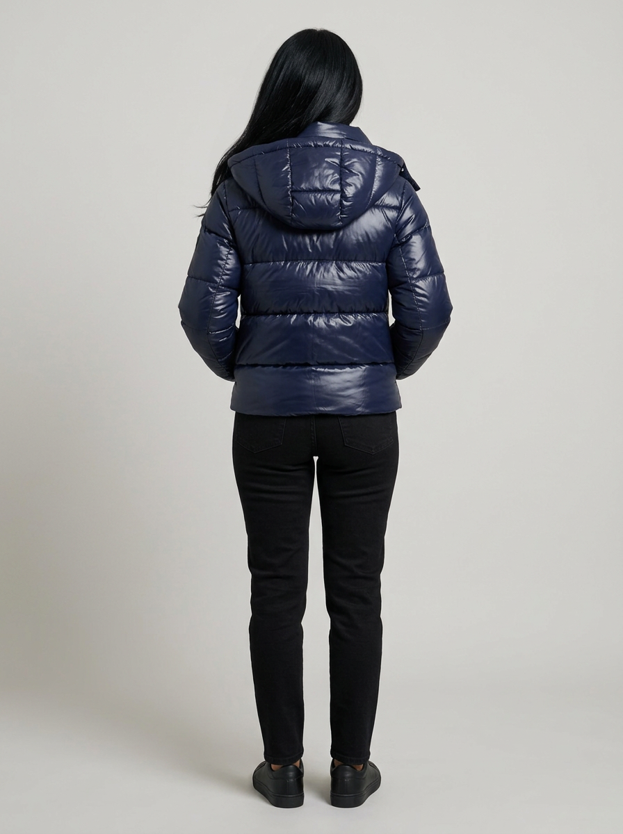 Women's Hooded Puffer Jacket in Navy – back view