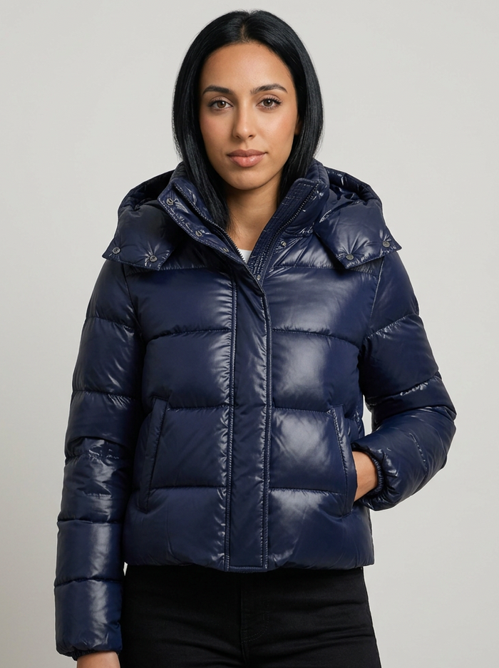 Women's Hooded Puffer Jacket in Navy – front view