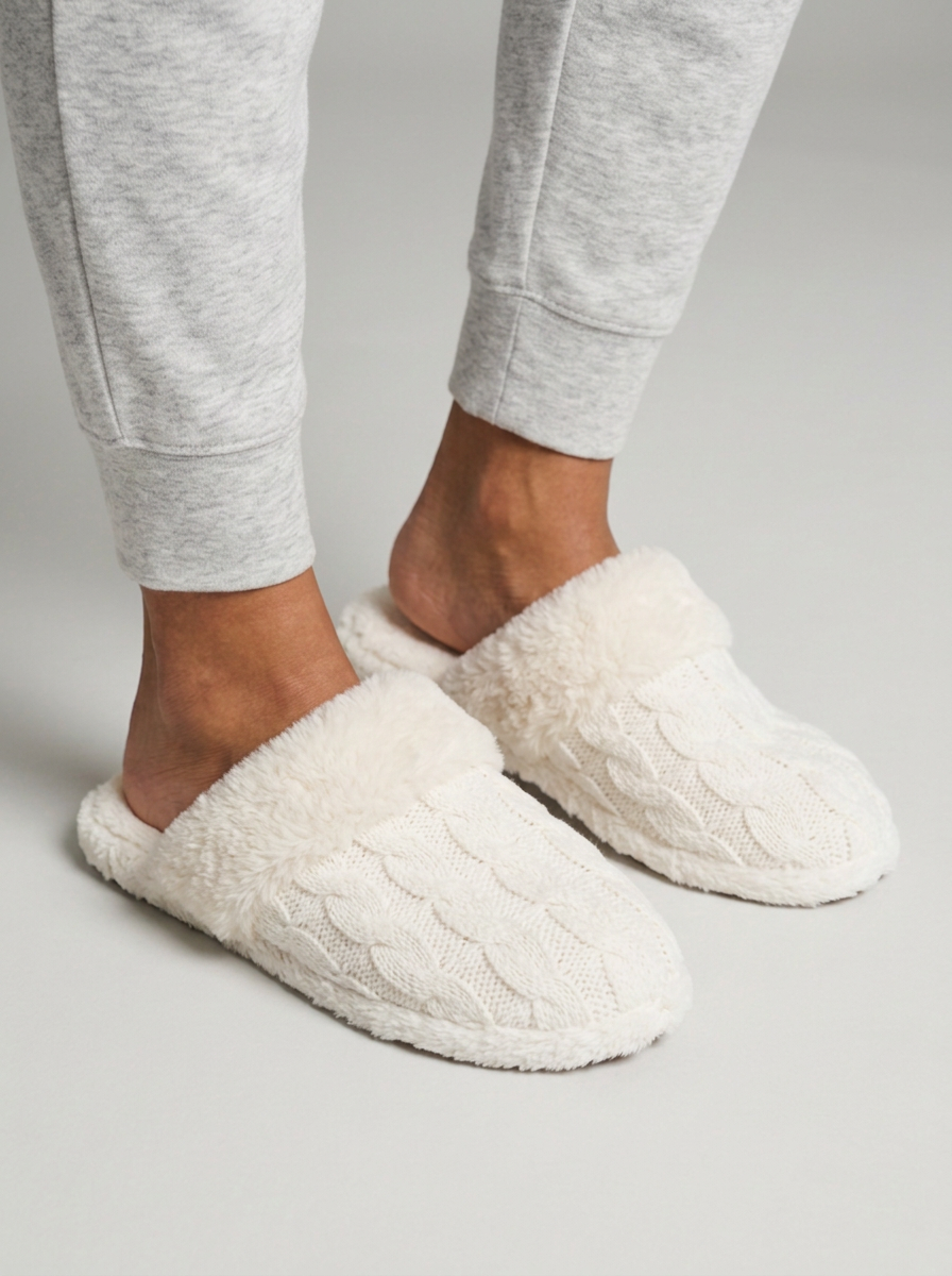 Women's Fluffy Cable Knit Fleece Slippers in White