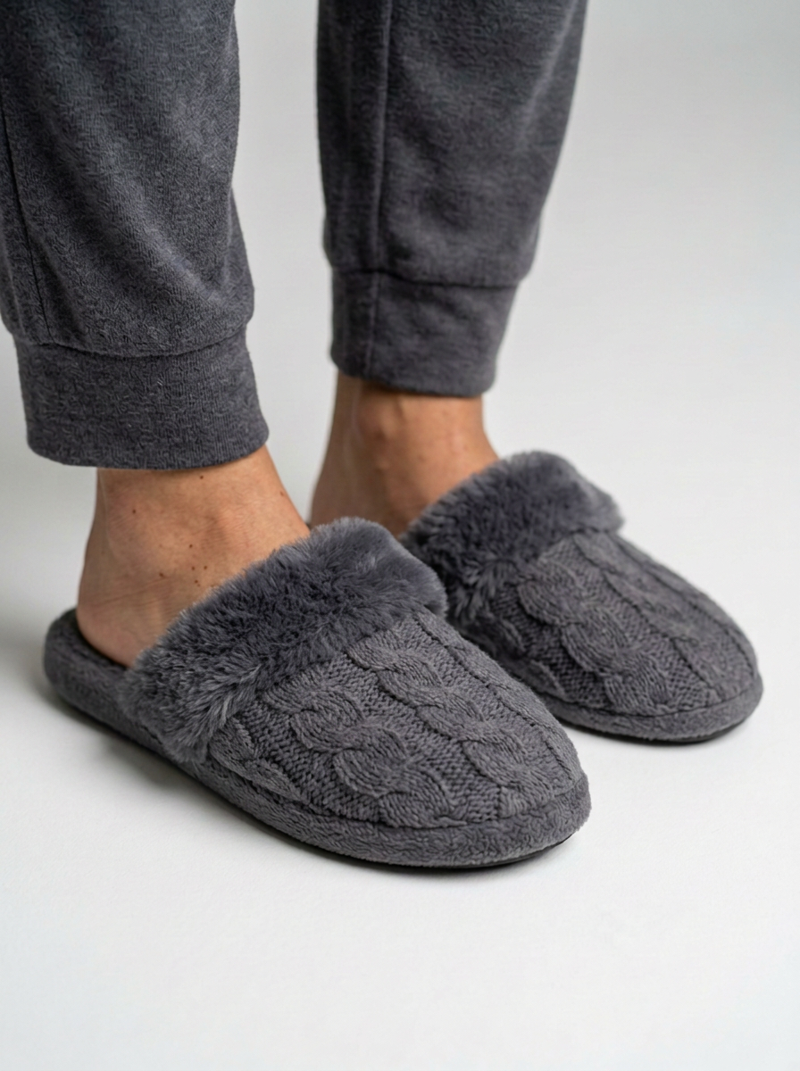 Women's Fluffy Cable Knit Fleece Slippers in Charcoal Grey