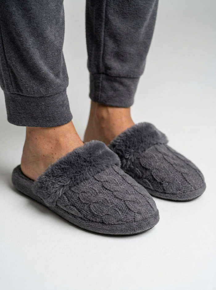 Women's Fluffy Cable Knit Fleece Slippers in Charcoal Grey