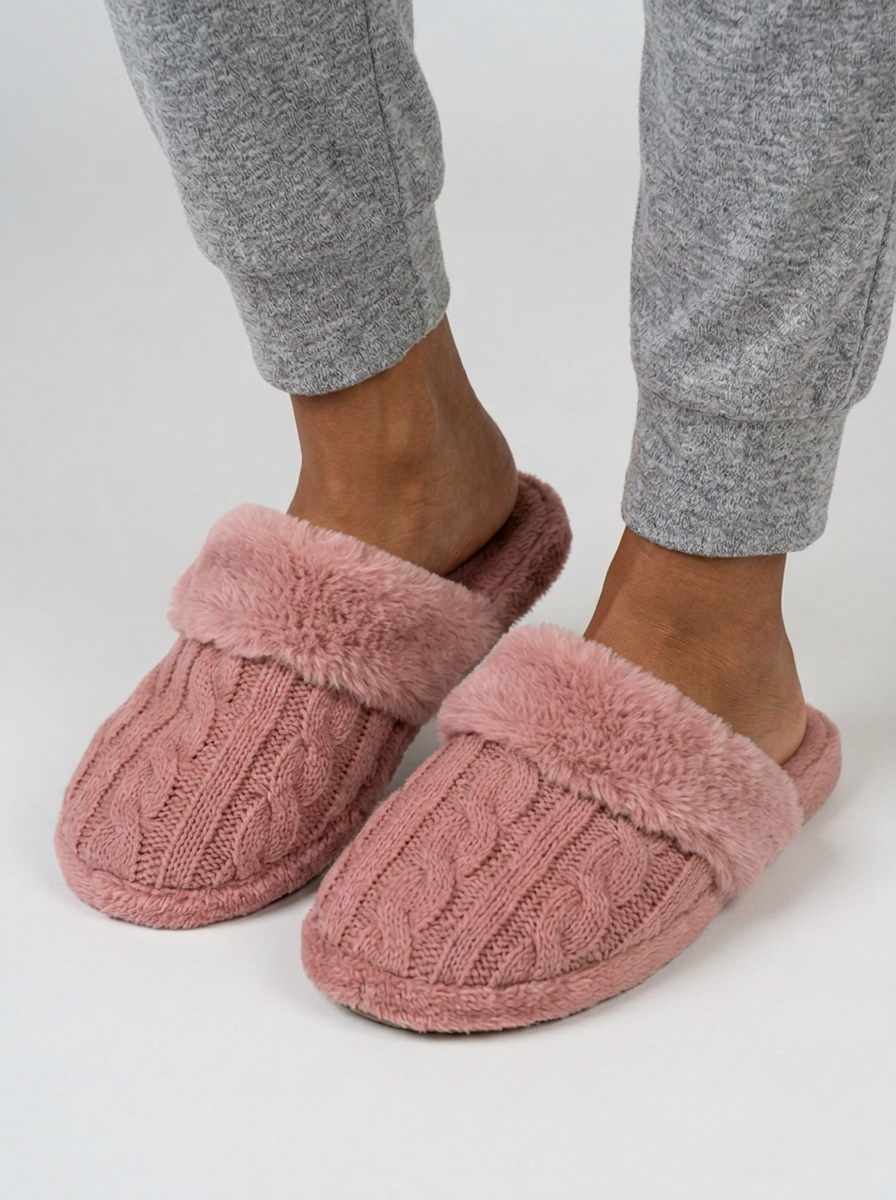 Women's Fluffy Cable Knit Fleece Slippers in Dusty Rose