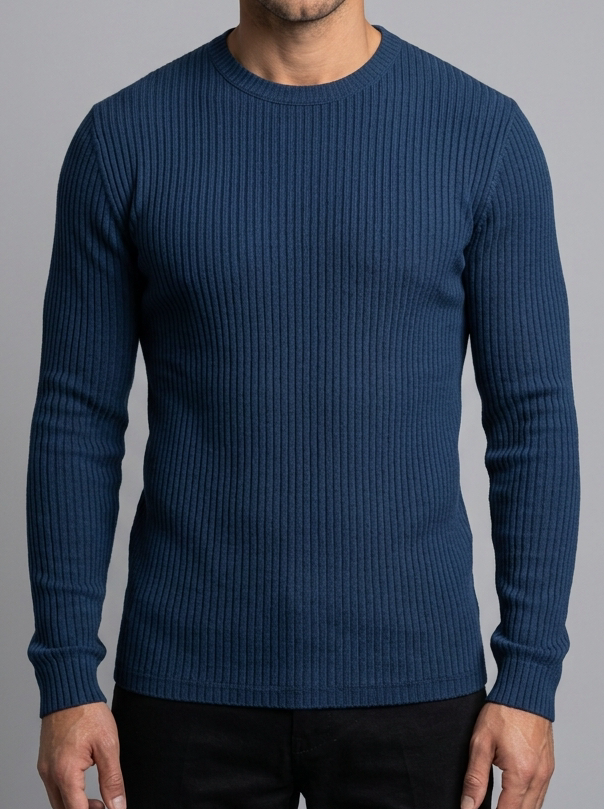 Men's Slim Fit Ribbed Crew Neck Jumper in Navy