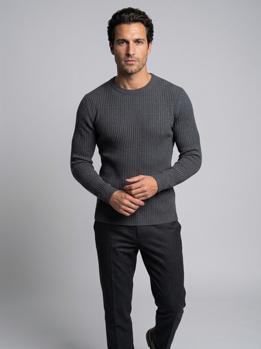 Men's Slim Fit Ribbed Crew Neck Jumper in Charcoal Gray
