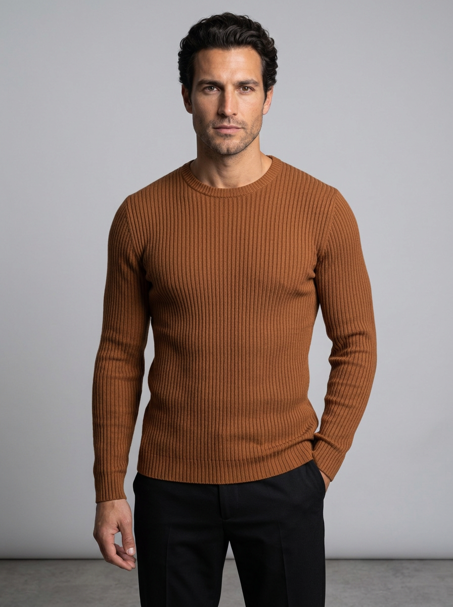 Men's Slim Fit Ribbed Crew Neck Jumper in Cognac Brown