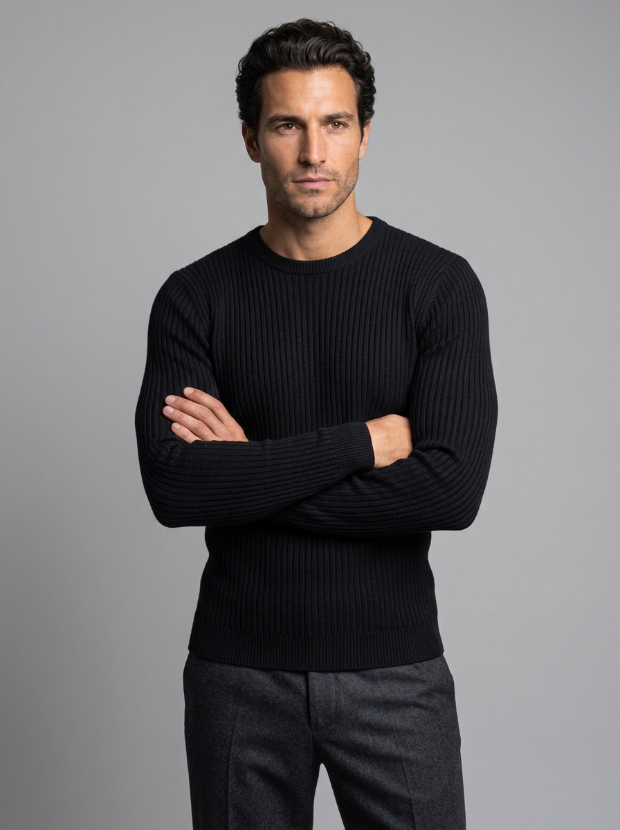 Men's Slim Fit Ribbed Crew Neck Jumper in Black