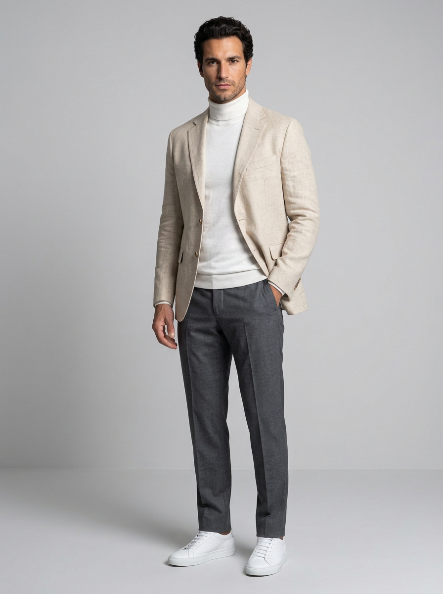 Men's Relaxed Linen Blend Blazer in Cream – three-quarter view