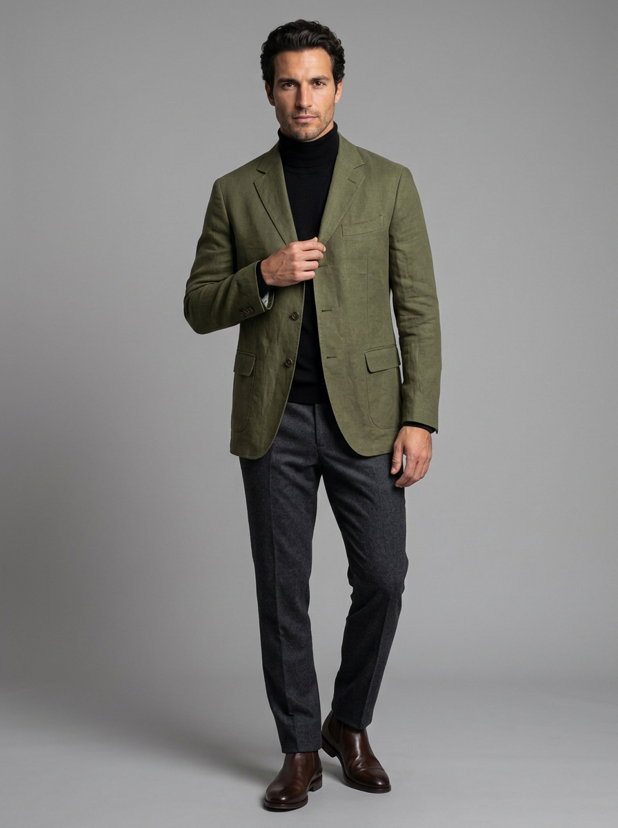 Men's Relaxed Linen Blend Blazer in Green – front view