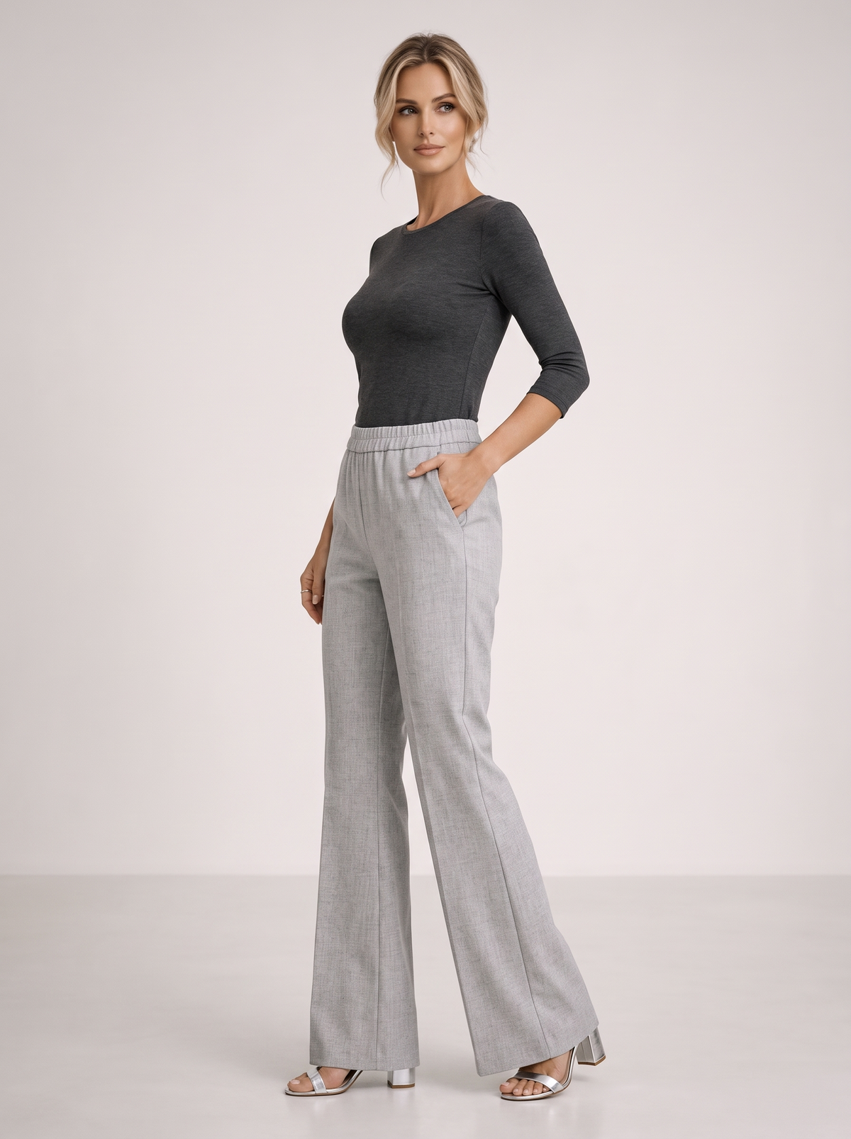 Women's Wool Blend Flare Trousers in Light Grey