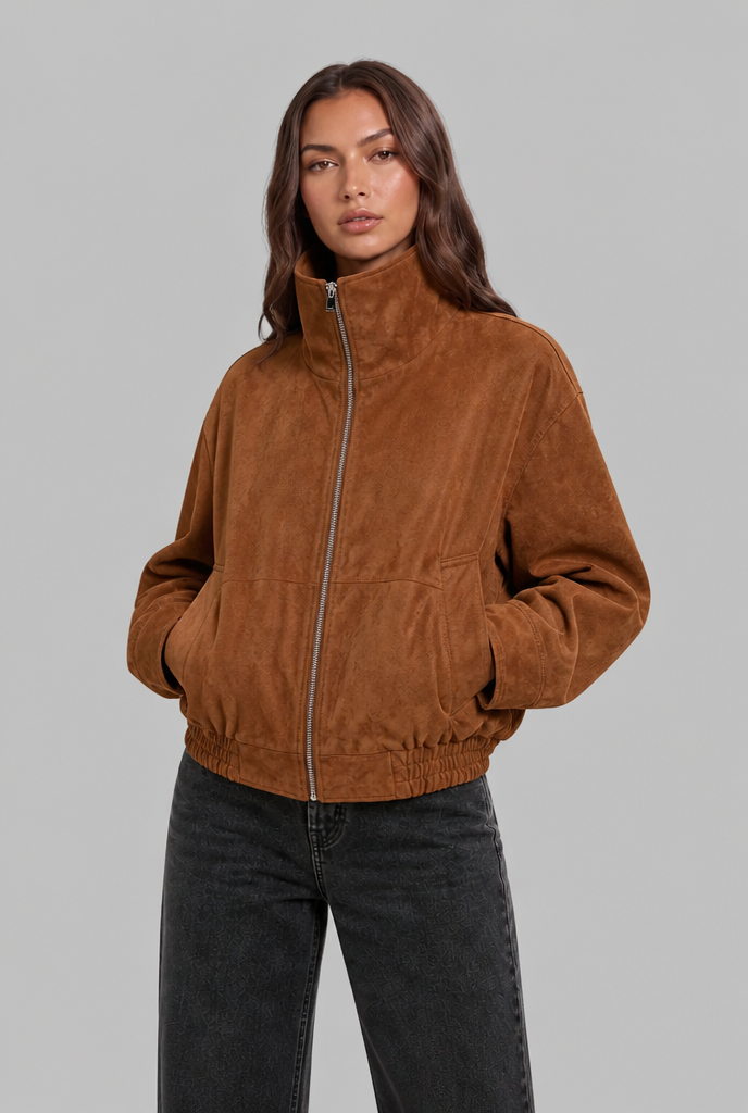 Women's Oversized Suede Look Bomber – Washed Zip Jacket