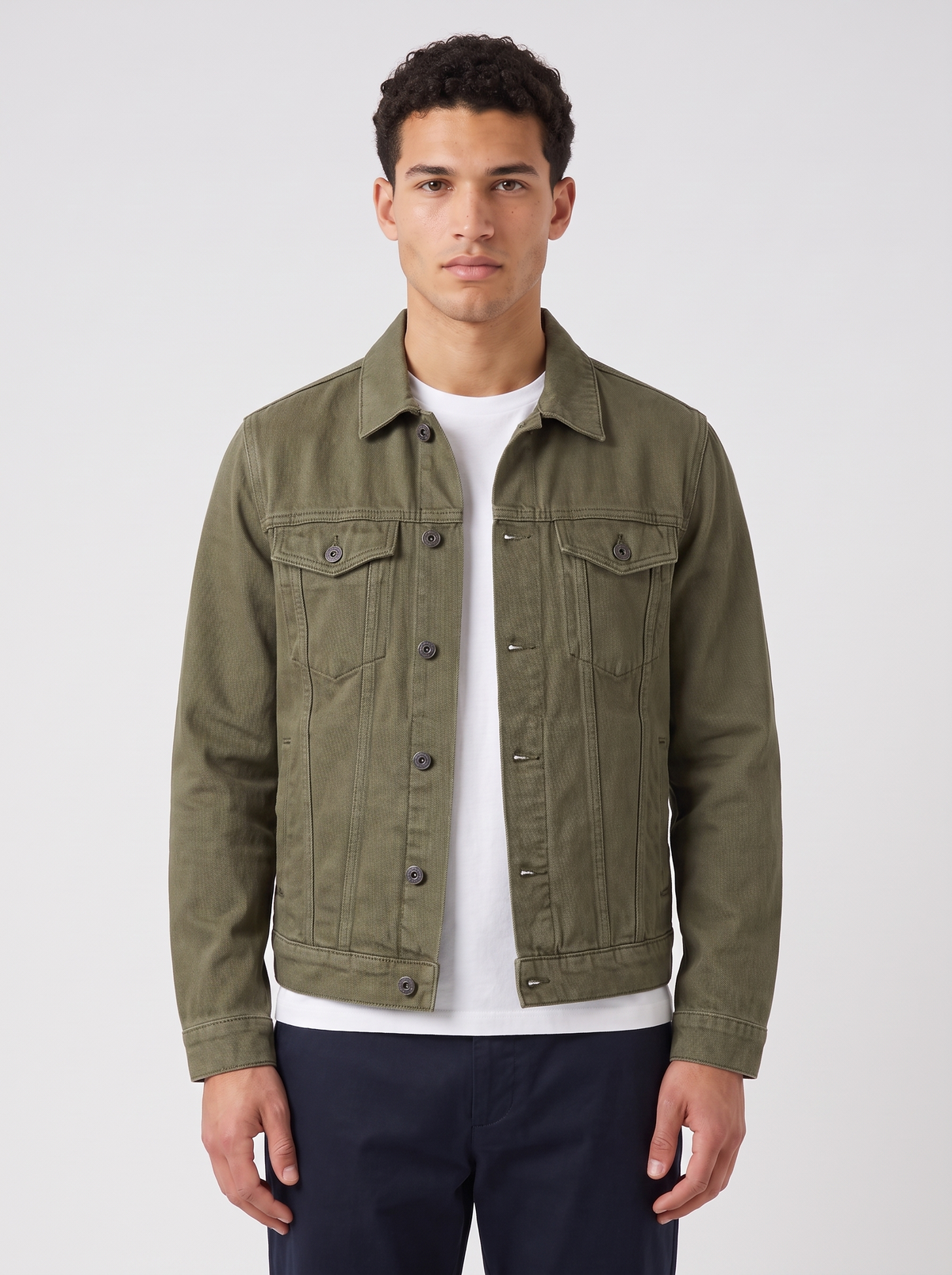 Men's Classic Denim Trucker Jacket in Green – front view