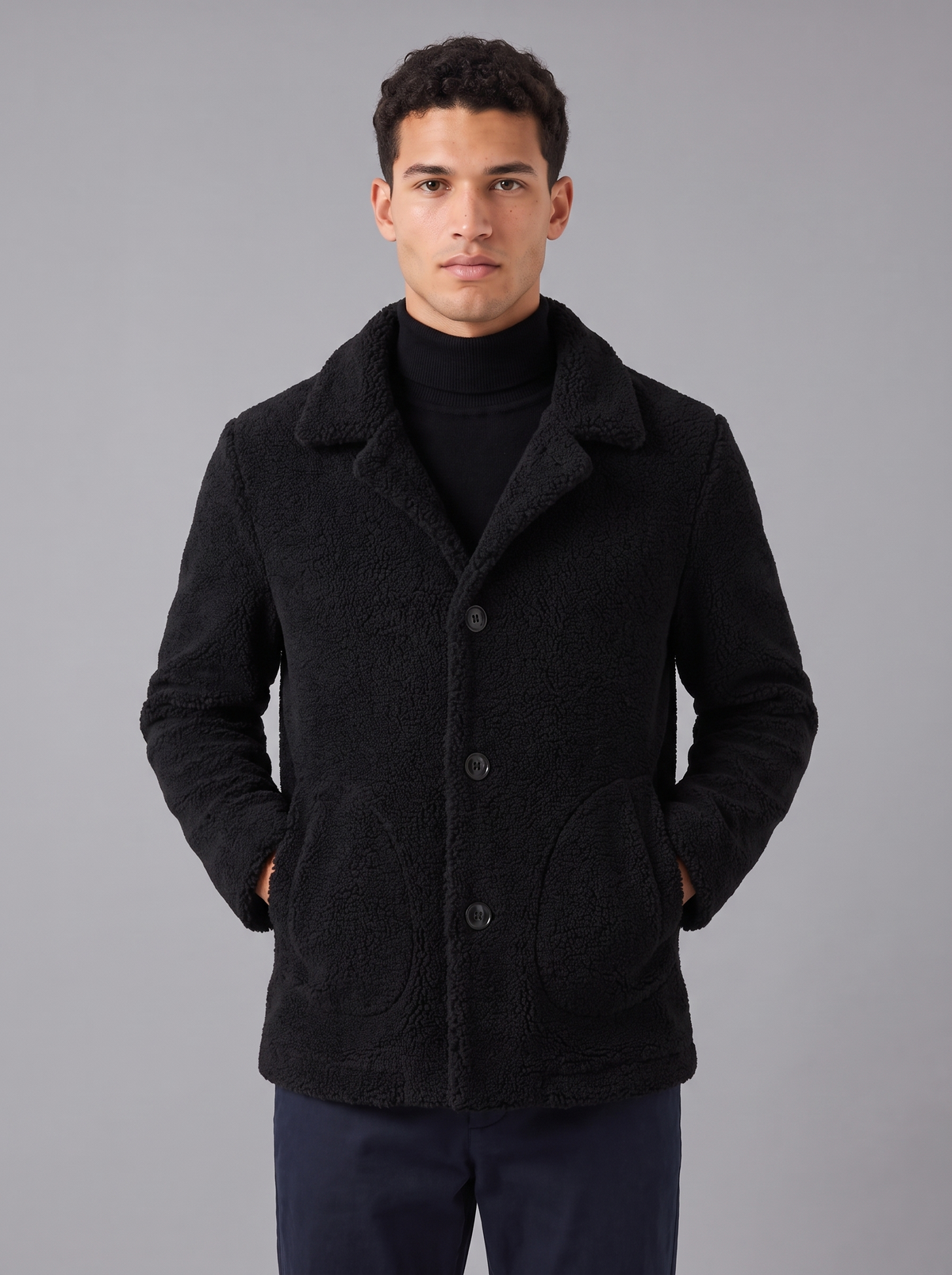Men's Teddy Sherpa Jacket in Classic Black – front view