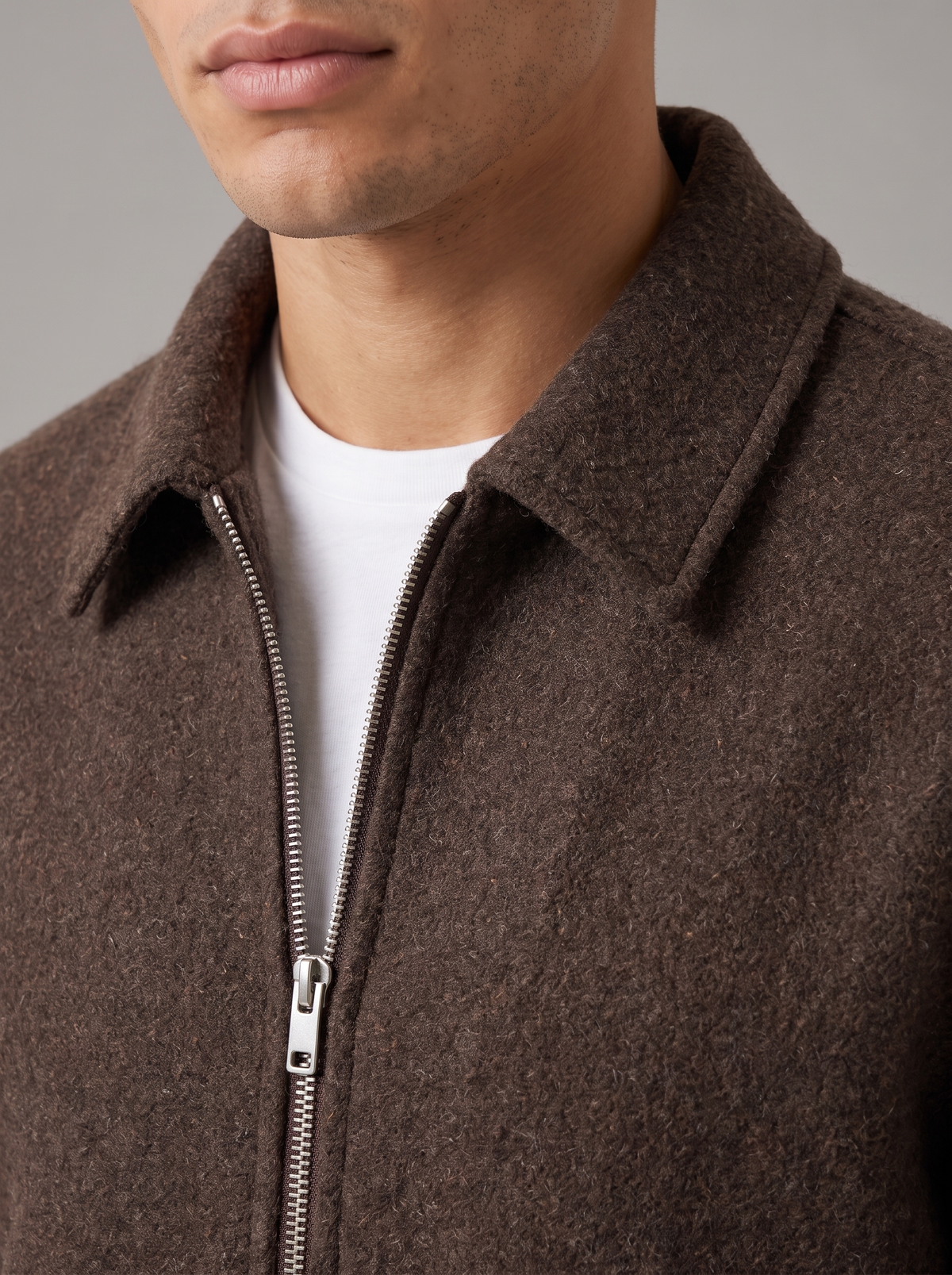 Men's Heathered Wool Zip Jacket in Light Brown – close-up