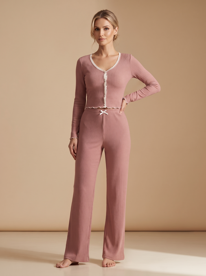 Women's Lace Trim Ribbed Pyjama Set in Dusty Rose – front view